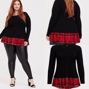 🔥3 for $15🔥Torrid Black Tunic Ribbed Sweater Red Plaid Hem XL